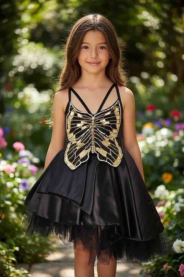 Black Dutch Satin Sequin Butterfly Embroidery Dress For Girls by Pooja Wang at Pernia's Pop Up Shop
