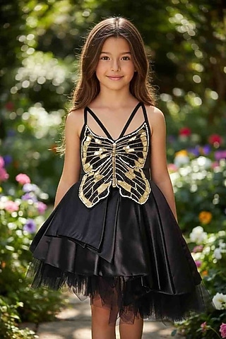 Black Dutch Satin Sequin Butterfly Embroidery Dress For Girls by Pooja Wang