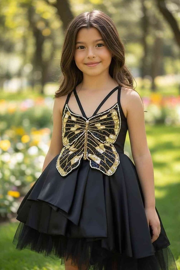 Black Dutch Satin Sequin Butterfly Embroidery Dress For Girls by Pooja Wang at Pernia's Pop Up Shop