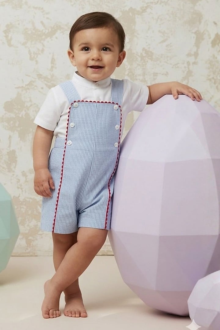 Ice Blue Cotton Suspender Set For Boys by Pooja Wang at Pernia's Pop Up Shop