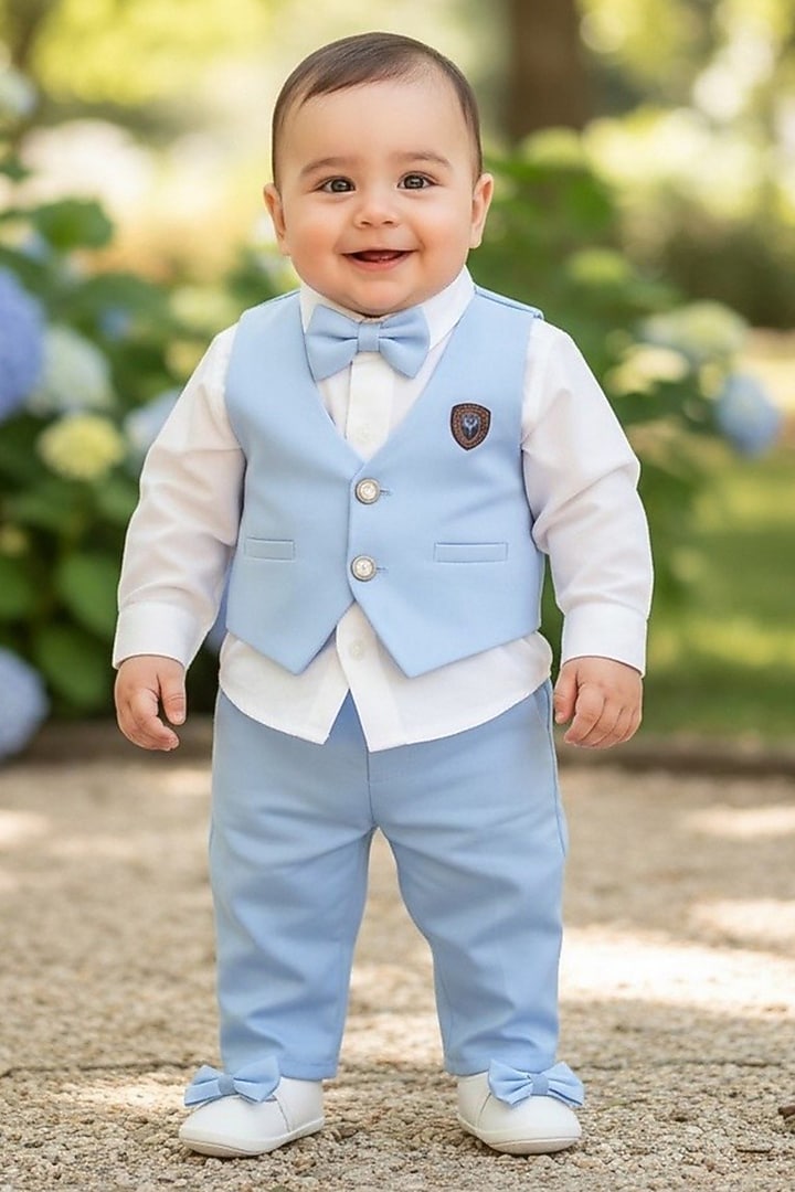 Ice Blue Gabardine Blazer Set For Boys by Pooja Wang at Pernia's Pop Up Shop