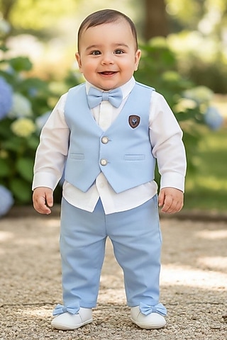 Ice Blue Gabardine Blazer Set For Boys by Pooja Wang