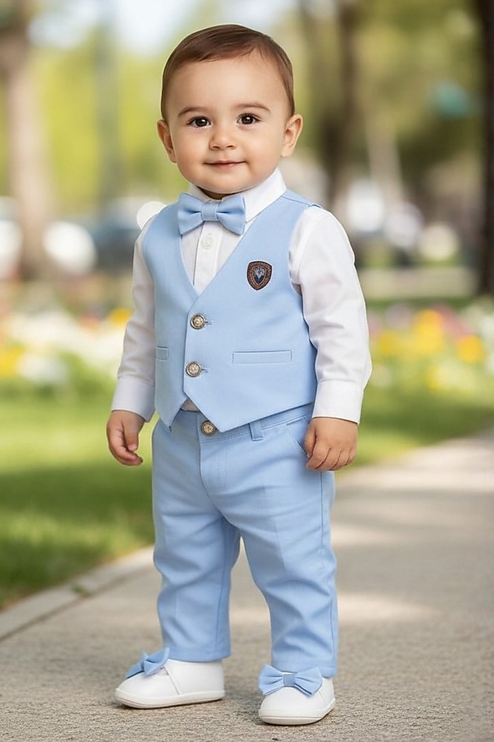 Ice Blue Gabardine Blazer Set For Boys by Pooja Wang at Pernia's Pop Up Shop