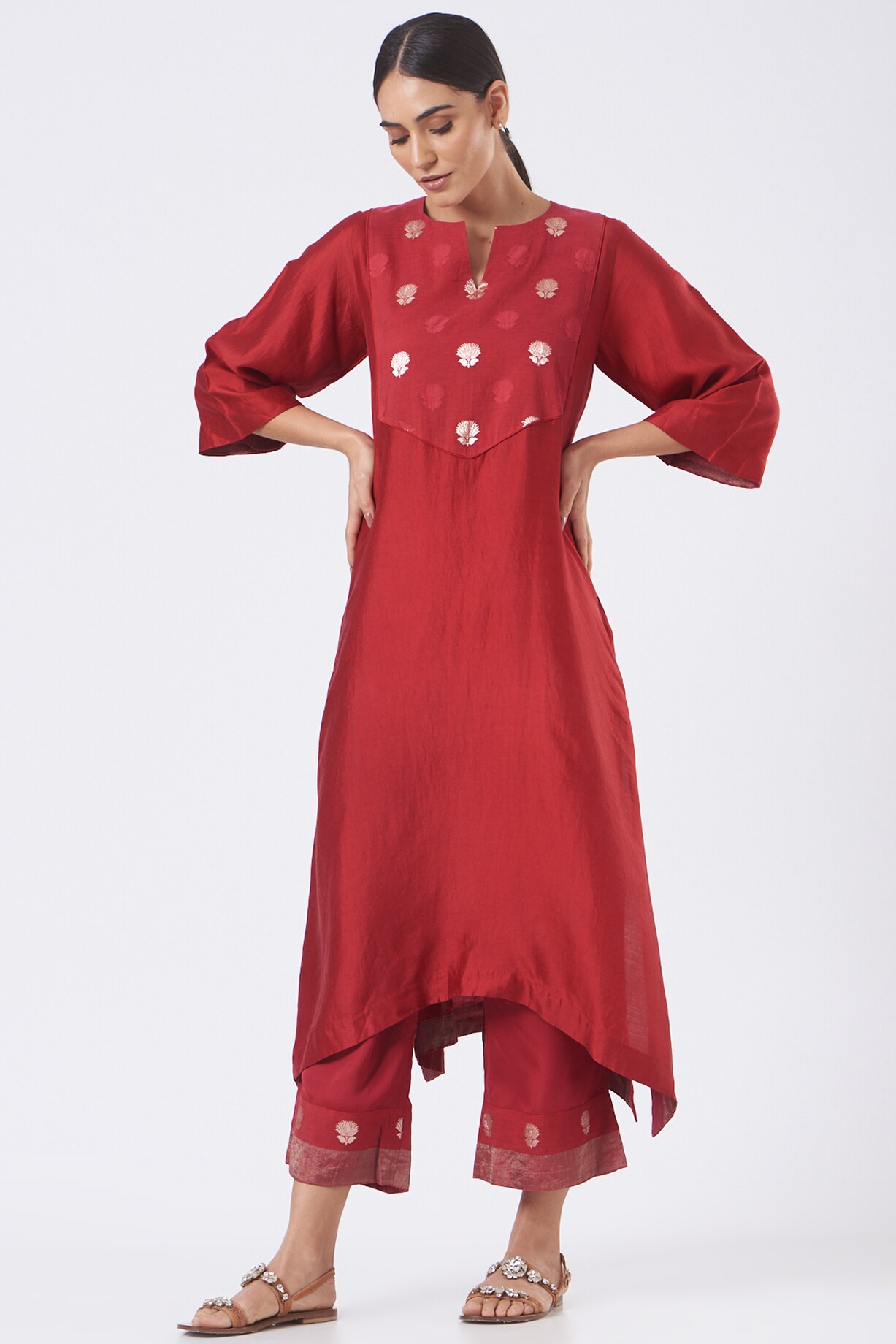 Bold Red Silk Kurta Set With Handcrafted Thread And Sequin Embellishments main image 1