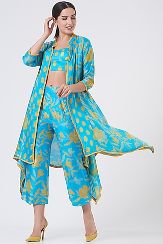 Blue & Mango Yellow Silk Cape set by Wasabi