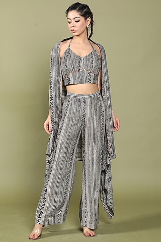 Black & Beige Dora Silk Stripe Printed Cape Set by Wasabi