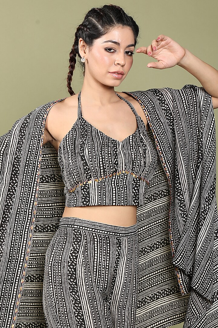 Black & Beige Dora Silk Stripe Printed Cape Set by Wasabi at Pernia's Pop Up Shop