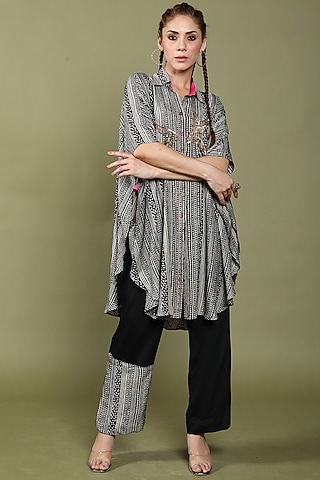 Black & Beige Dora Silk & Modal Printed Co-Ord Set by Wasabi