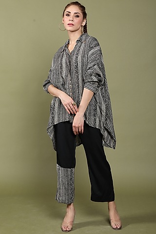 Black & Beige Dora Silk Printed Co-Ord Set by Wasabi