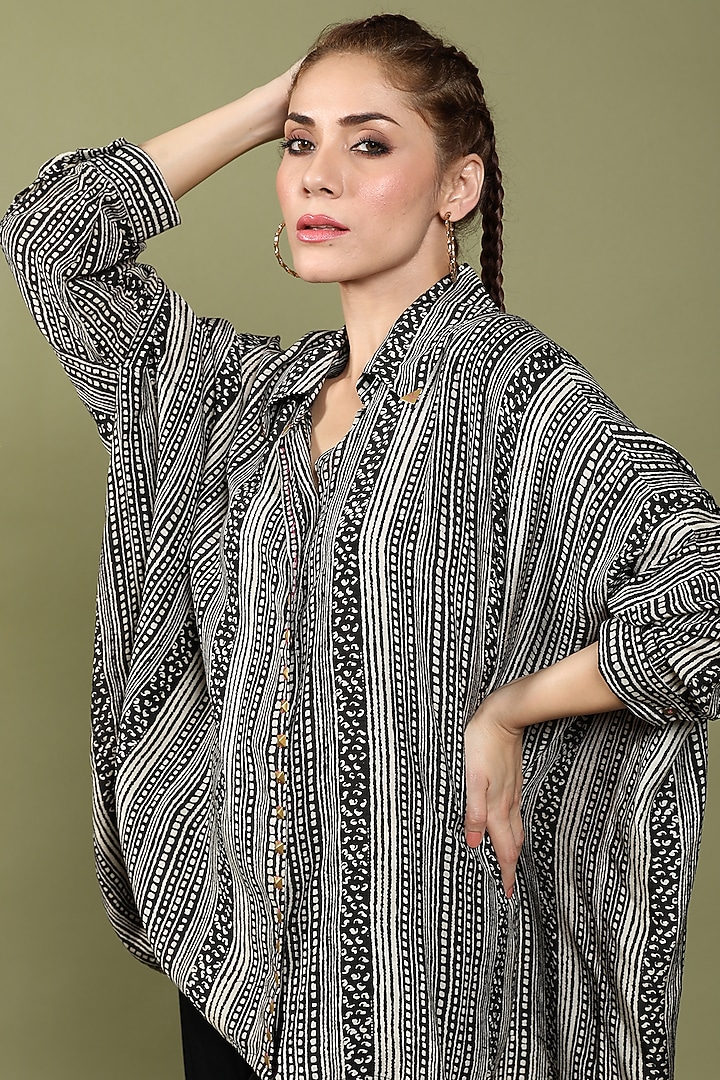 Black & Beige Dora Silk Printed Co-Ord Set by Wasabi at Pernia's Pop Up Shop