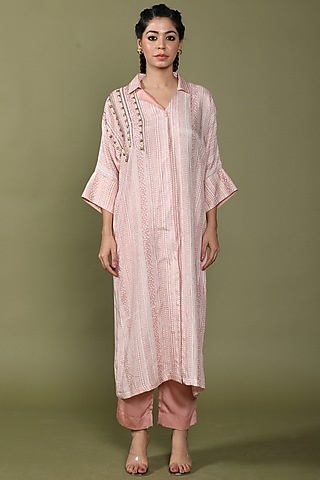 Rose Tan Dora Silk Embroidered & Printed Kurta Set by Wasabi