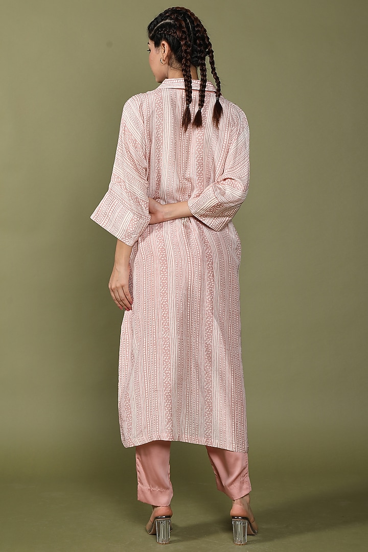 Rose Tan Dora Silk Embroidered & Printed Kurta Set by Wasabi at Pernia's Pop Up Shop