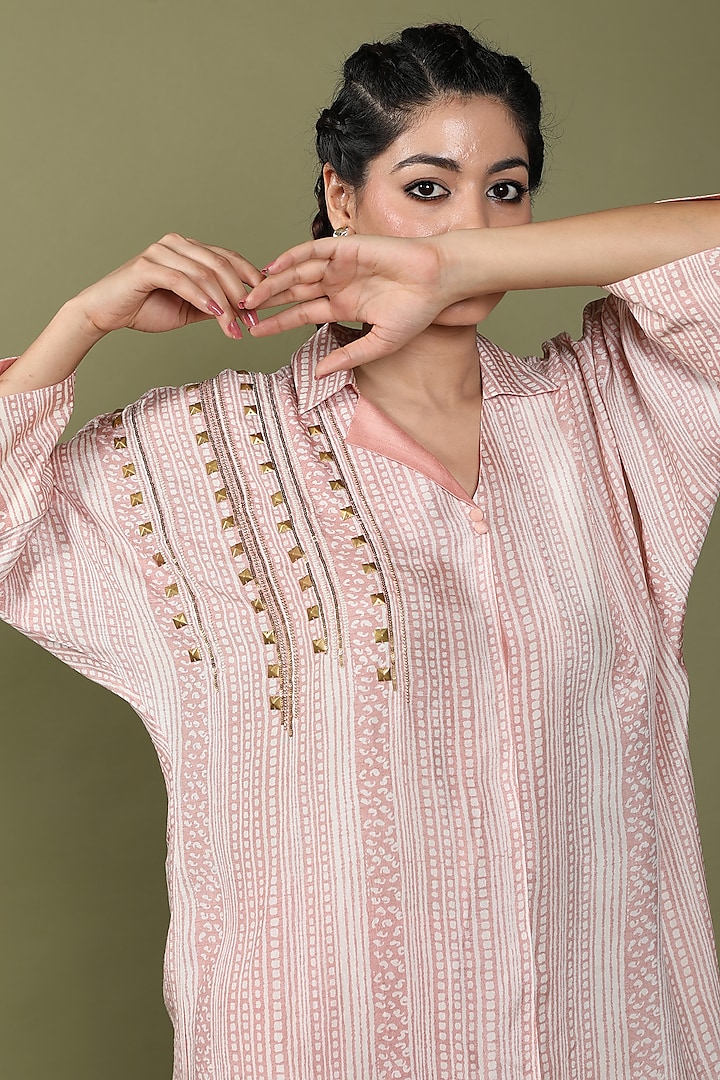 Rose Tan Dora Silk Embroidered & Printed Kurta Set by Wasabi at Pernia's Pop Up Shop