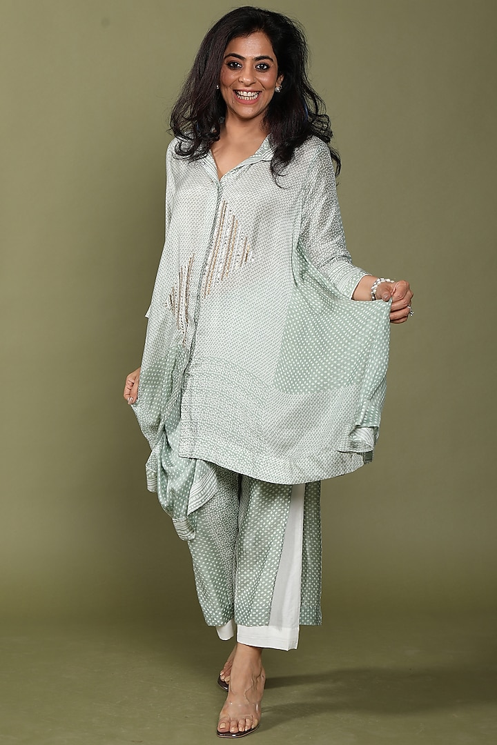 Iceberg Green Cotton Silk Hand Embroidered Co-Ord Set by Wasabi