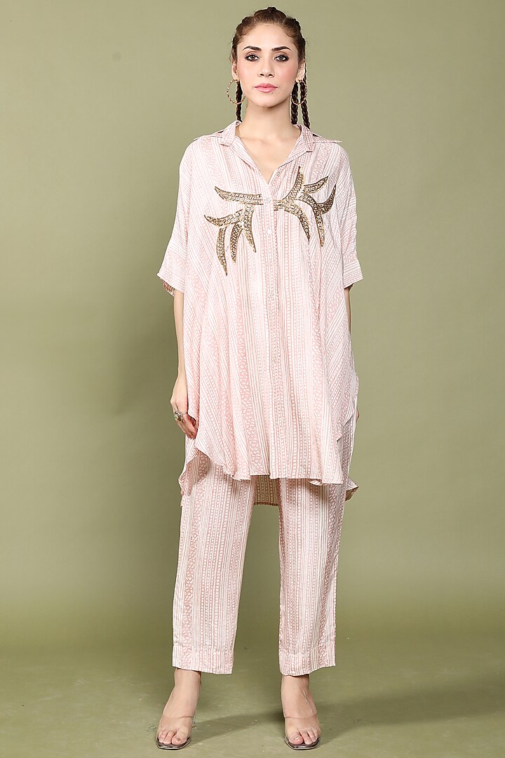Rose Tan Dora Silk Embroidered & Printed Co-Ord Set by Wasabi