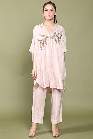 Rose Tan Dora Silk Embroidered & Printed Co-Ord Set by Wasabi