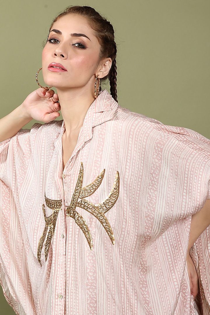 Rose Tan Dora Silk Embroidered & Printed Co-Ord Set by Wasabi at Pernia's Pop Up Shop