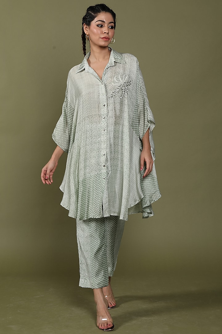 Iceberg Green Cotton Silk Embroidered & Printed Co-Ord Set by Wasabi