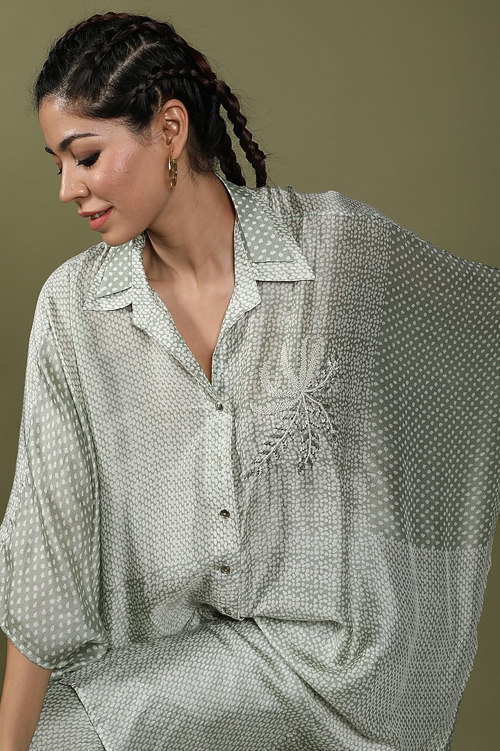 Iceberg Green Cotton Silk Embroidered & Printed Co-Ord Set by Wasabi at Pernia's Pop Up Shop