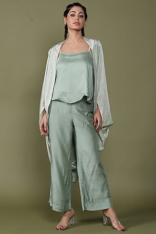 Iceberg Green Cotton Silk Cape Set by Wasabi