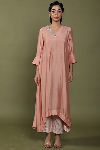 Rose Tan Pure Silk Embroidered Kurta Set by Wasabi
