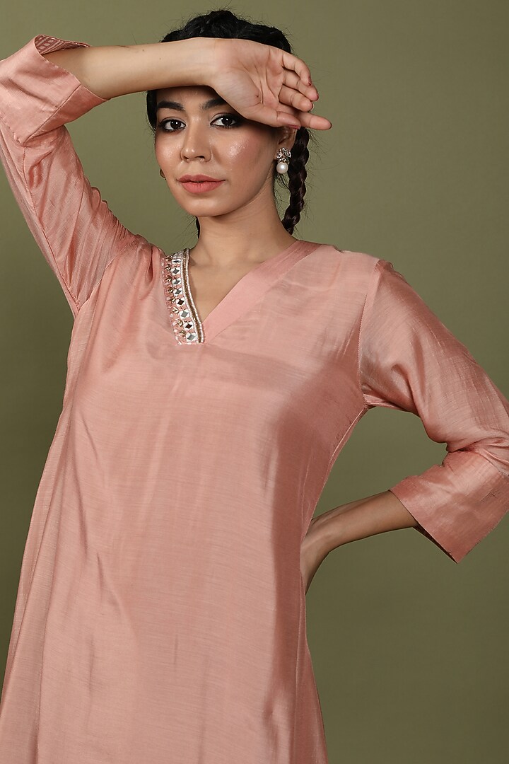 Rose Tan Pure Silk Embroidered Kurta Set by Wasabi at Pernia's Pop Up Shop