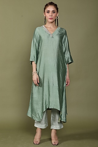 Iceberg Green Pure Silk Embroidered Kurta Set by Wasabi