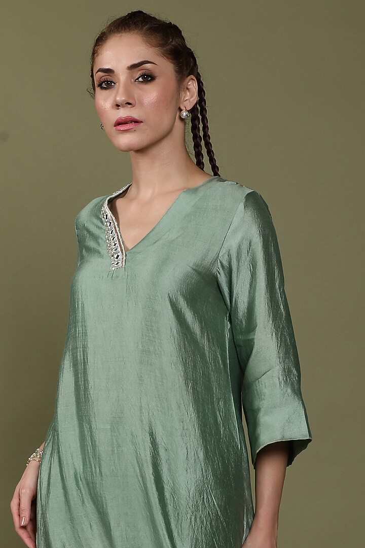 Iceberg Green Pure Silk Embroidered Kurta Set by Wasabi at Pernia's Pop Up Shop
