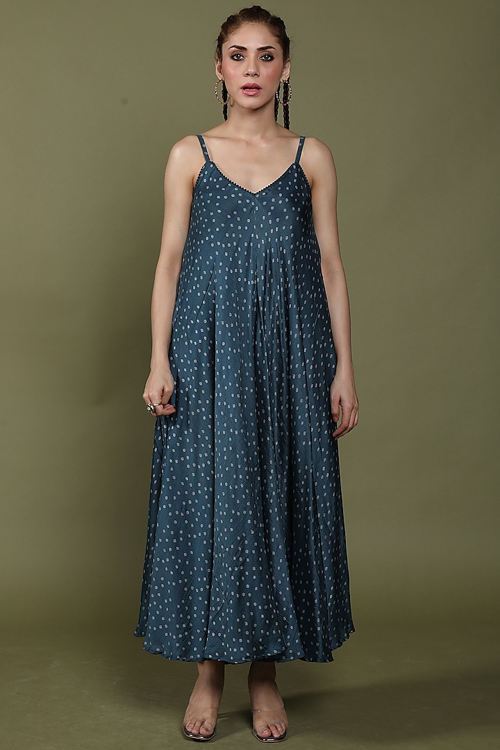 Indigo Blue Cotton Silk Printed Maxi Dress by Wasabi