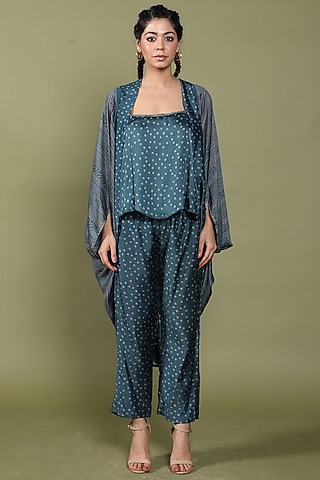 Indigo Blue Cotton Silk Bandhani Printed Cape Set by Wasabi