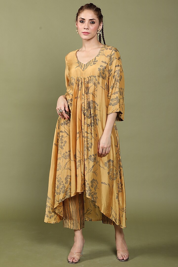 Mustard Cotton Silk Embroidered & Printed Kurta Set by Wasabi