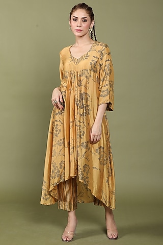 Mustard Cotton Silk Embroidered & Printed Kurta Set by Wasabi