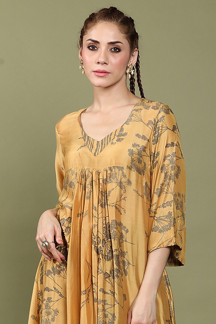 Mustard Cotton Silk Embroidered & Printed Kurta Set by Wasabi at Pernia's Pop Up Shop