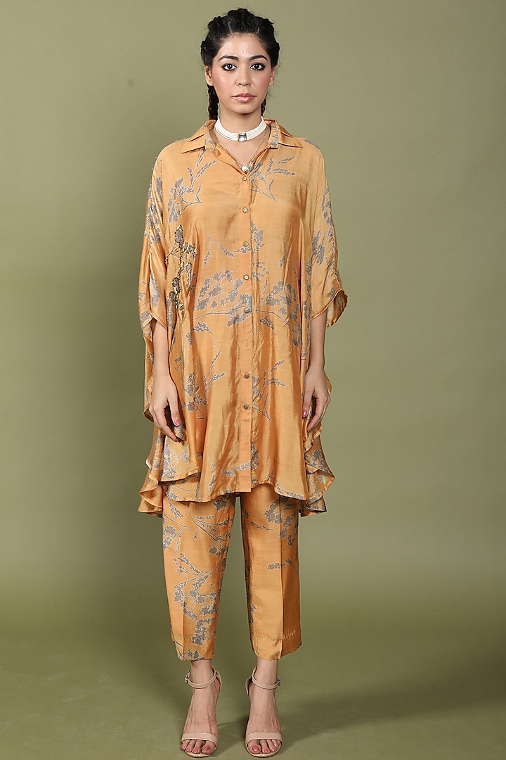 Mustard Cotton Silk Embroidered & Printed Co-Ord Set by Wasabi