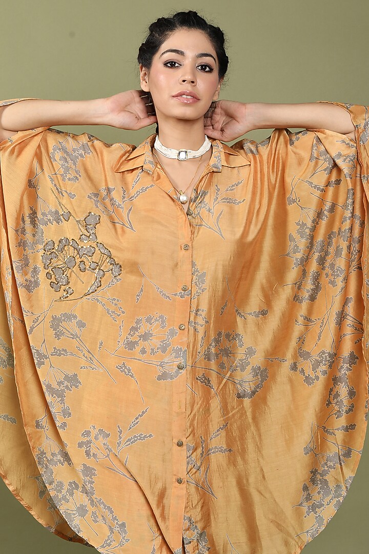 Mustard Cotton Silk Embroidered & Printed Co-Ord Set by Wasabi at Pernia's Pop Up Shop