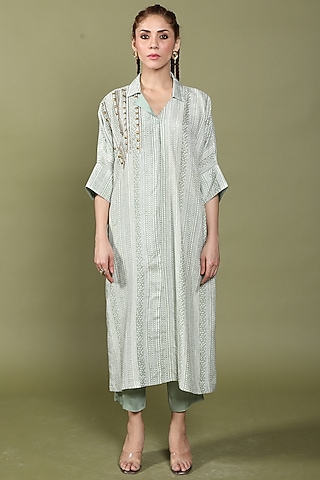 Iceberg Green Dora Silk Striped Kurta Set by Wasabi