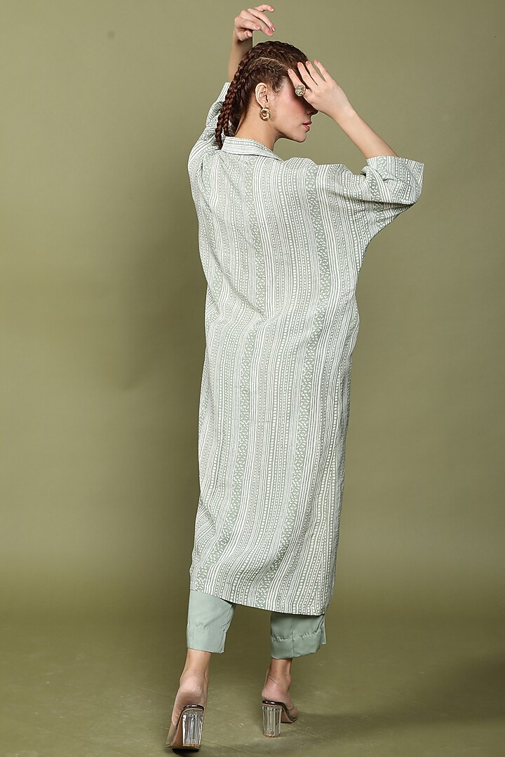 Iceberg Green Dora Silk Striped Kurta Set by Wasabi at Pernia's Pop Up Shop