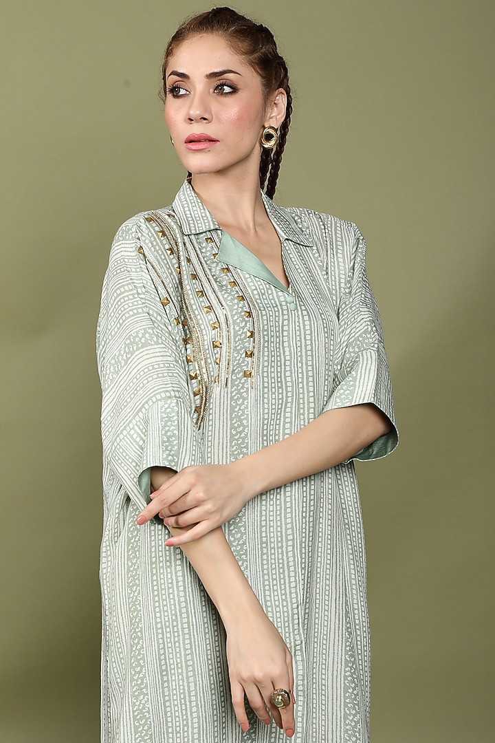 Iceberg Green Dora Silk Striped Kurta Set by Wasabi at Pernia's Pop Up Shop