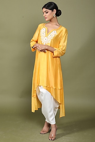 Mango Yellow Cotton Silk Embroidered Kurta Set by Wasabi