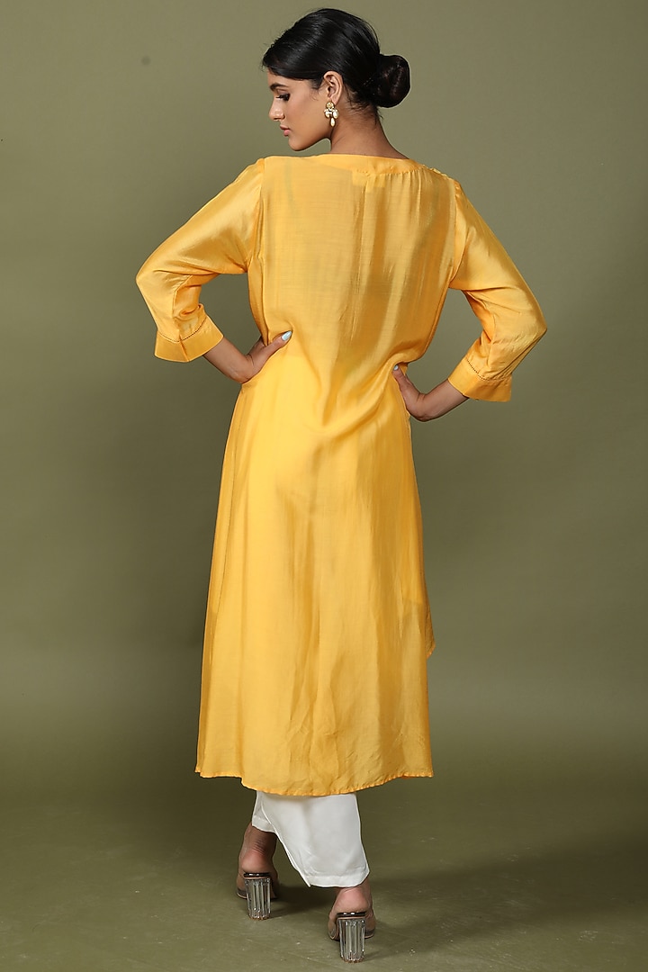 Mango Yellow Cotton Silk Embroidered Kurta Set by Wasabi at Pernia's Pop Up Shop