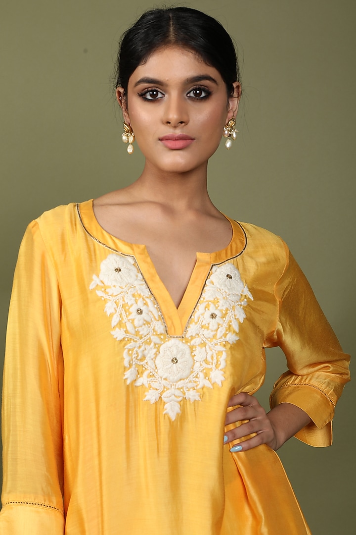 Mango Yellow Cotton Silk Embroidered Kurta Set by Wasabi at Pernia's Pop Up Shop
