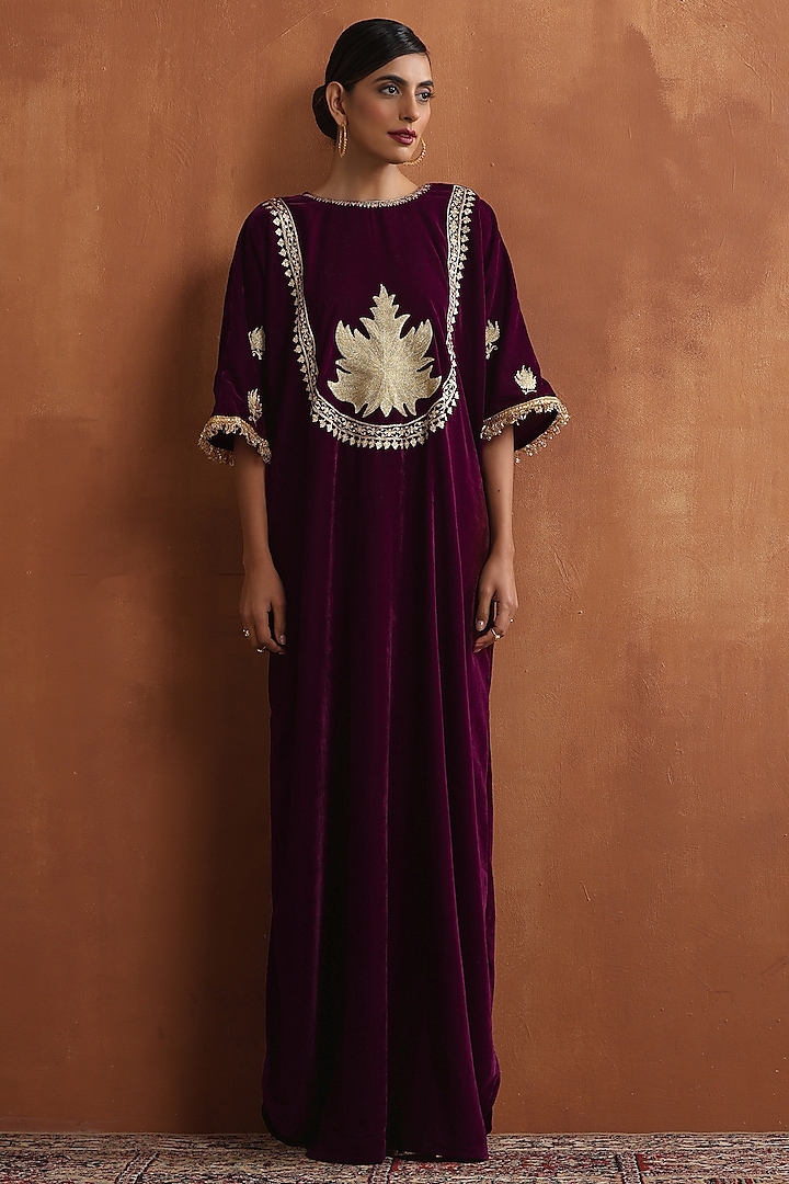 Wine Velvet Kashmiri Tilla Embroidered Kaftan by Wazir C at Pernia's Pop Up Shop