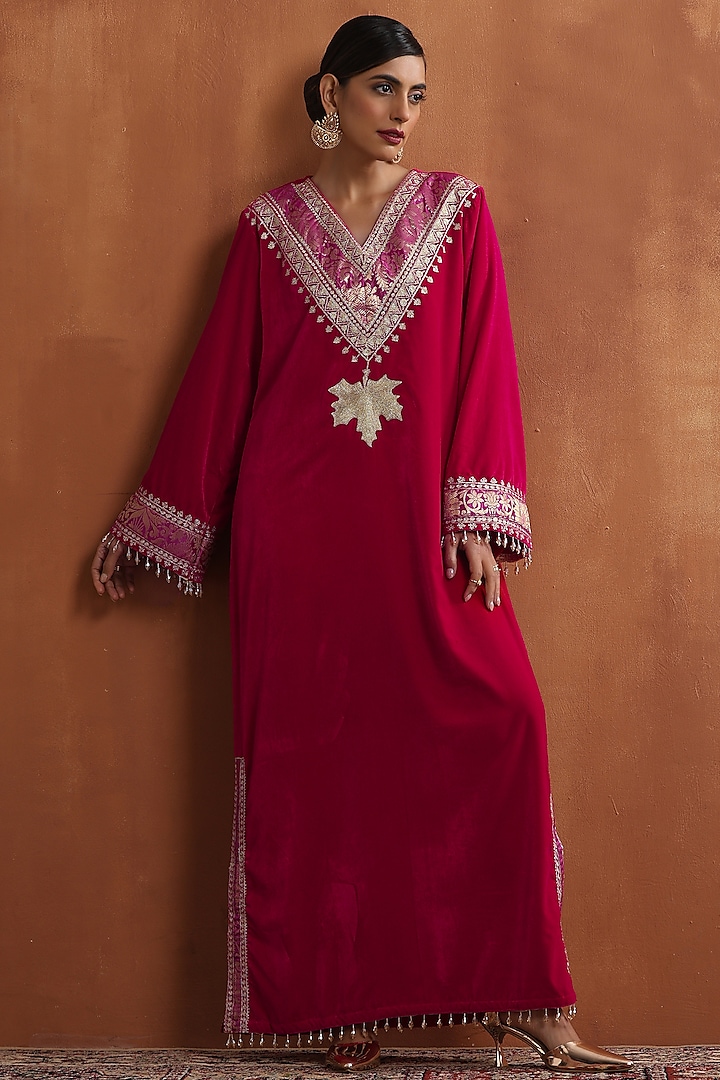 Hot Pink Velvet Kashmiri Tilla Embroidered Kaftan by Wazir C at Pernia's Pop Up Shop