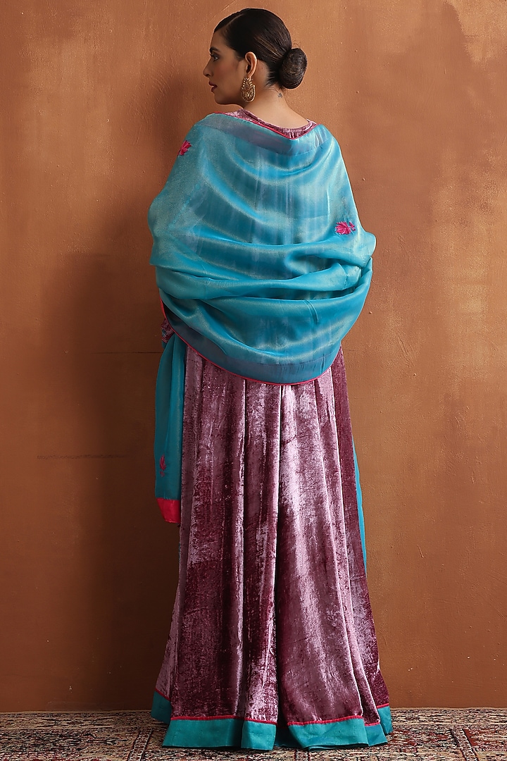 Dusty Pink & Firozi Makhmal Kashmiri Embroidered Party Wear Anarkali Set by Wazir C at Pernia's Pop Up Shop