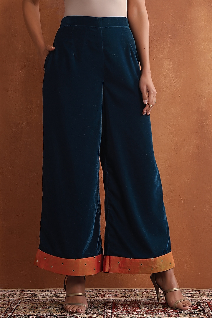 Teal Blue Velvet Kashmiri Tilla Embroidered Kurta Set by Wazir C at Pernia's Pop Up Shop