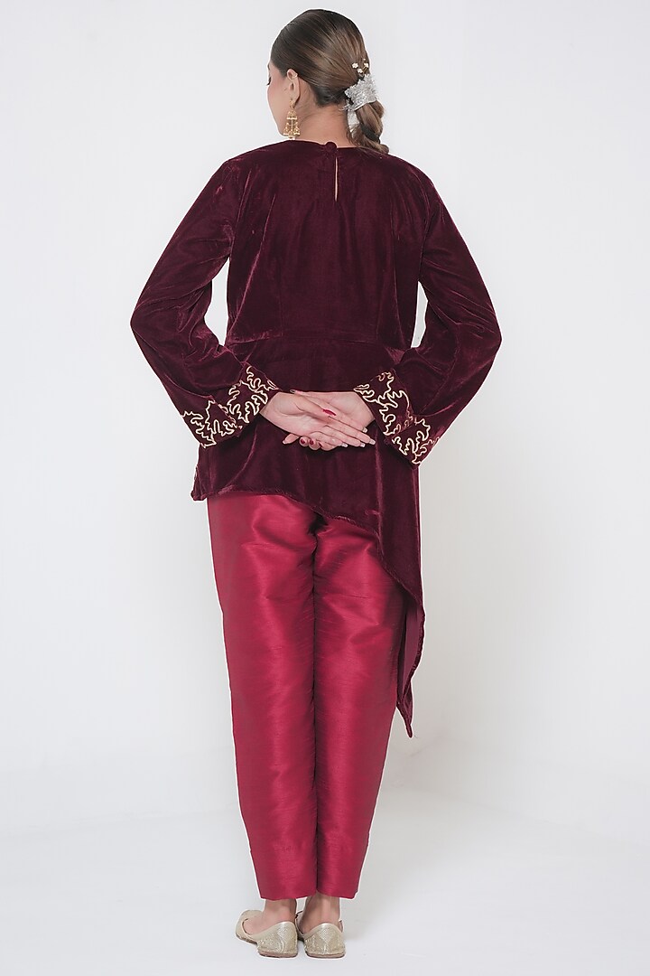 Maroon Velvet Kashmiri Golden Tilla Embroidered Co-Ord Set by Wazir C at Pernia's Pop Up Shop
