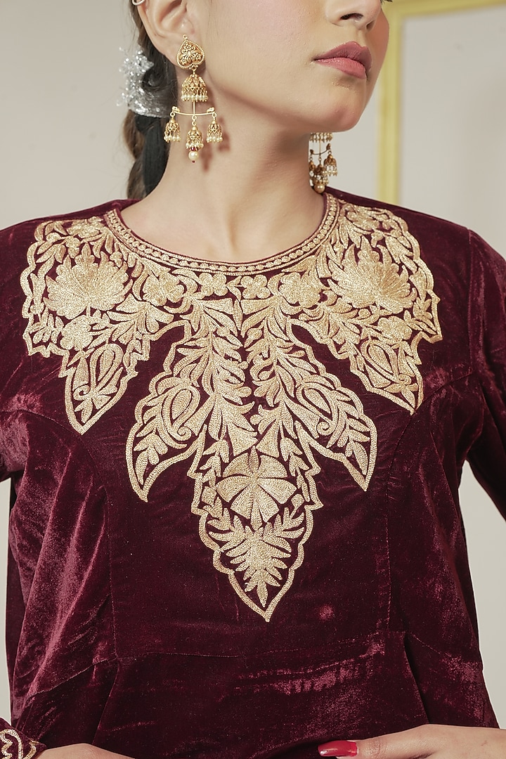 Maroon Velvet Kashmiri Golden Tilla Embroidered Co-Ord Set by Wazir C at Pernia's Pop Up Shop