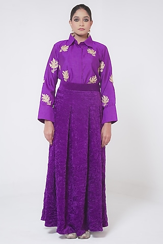 Purple Velvet Box Pleated Skirt Set by Wazir C