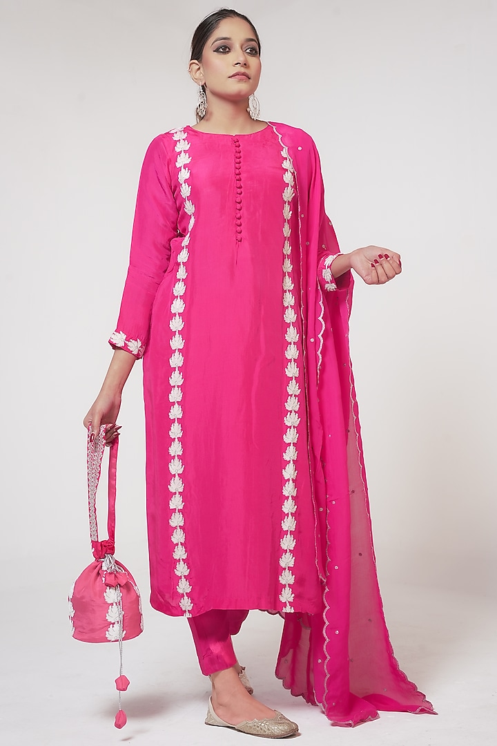 Pink Silk Kashmiri Silver Tilla & Aari Embroidered Kurta Set by Wazir C