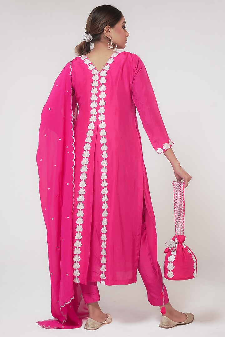 Pink Silk Kashmiri Silver Tilla & Aari Embroidered Kurta Set by Wazir C at Pernia's Pop Up Shop